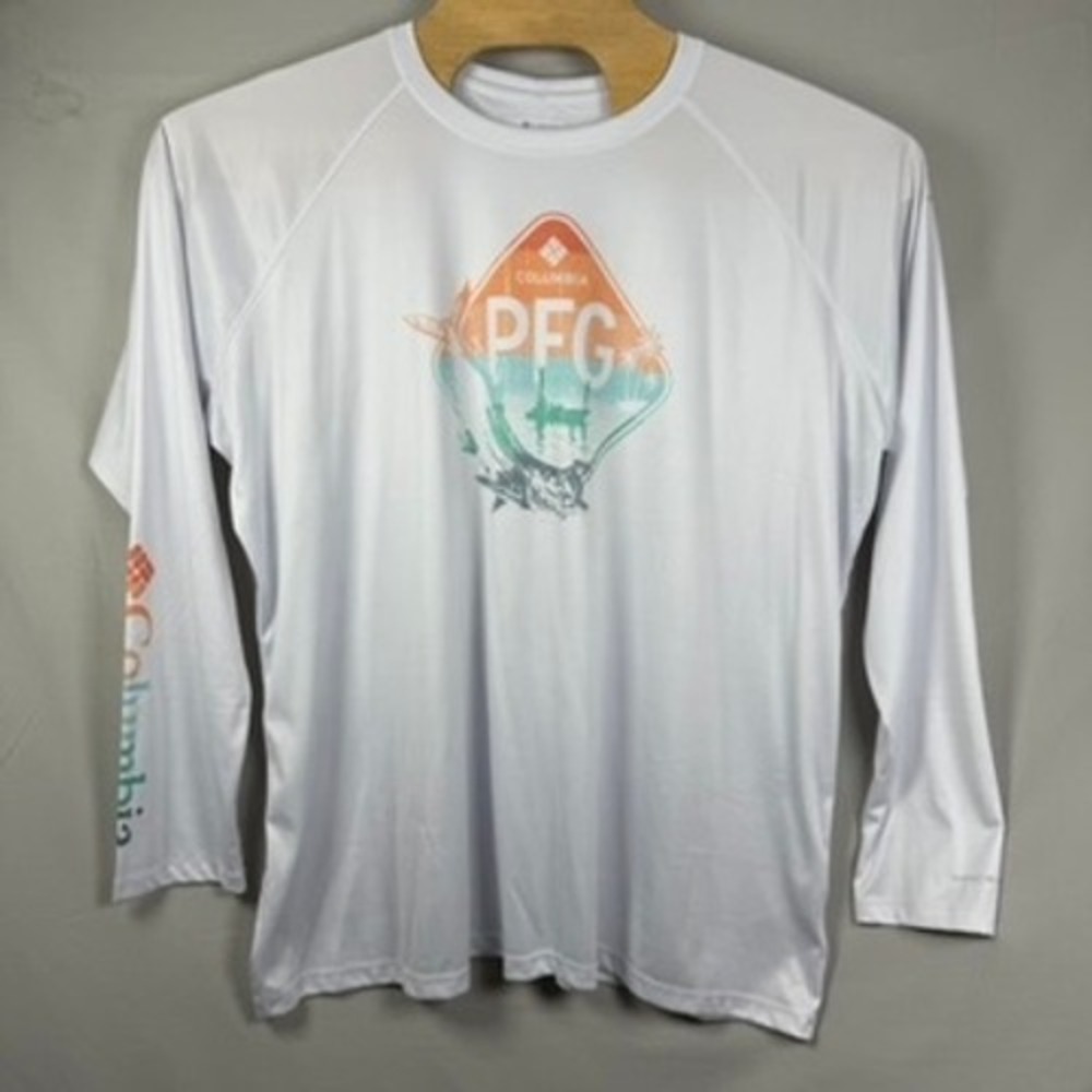 Columbia Men PFG‎ Fishing White Long Sleeve Graphic T-Shirt Performance Size 3XL